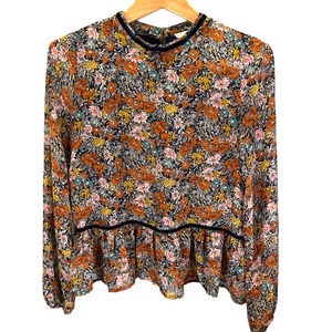 Loveriche medium blue velvet floral ruffle peplum Boho blouse